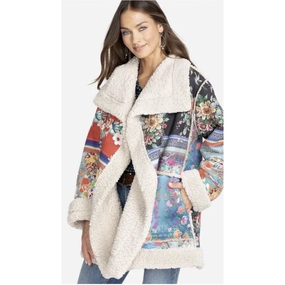 Johnny Was Anna Suede Sherpa Jacket LARGE Patchwork Print Floral - Picture 3 of 6